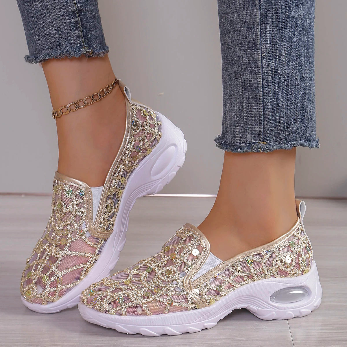 Bekväma sneakers i mesh med paljetter för dam