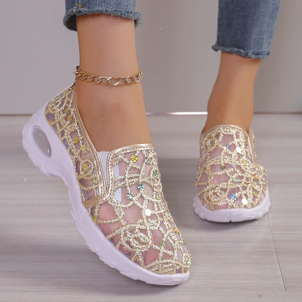 Bekväma sneakers i mesh med paljetter för dam