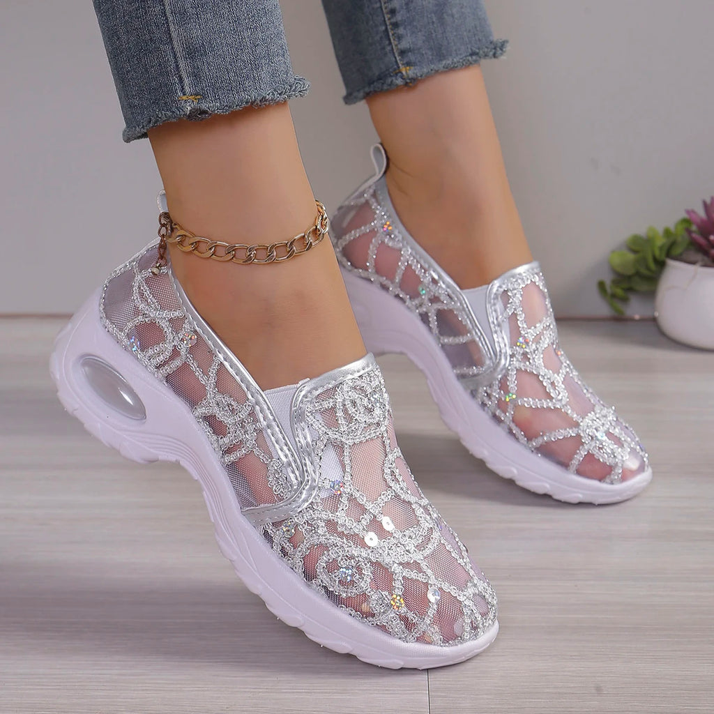 Bekväma sneakers i mesh med paljetter för dam